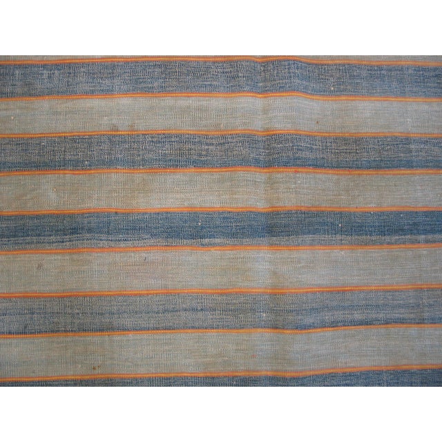 1940s White Blue Stripe Antique Dhurrie Indian Rug 7'8" X 15'6" Flatweave Cotton Carpet For Sale - Image 4 of 5
