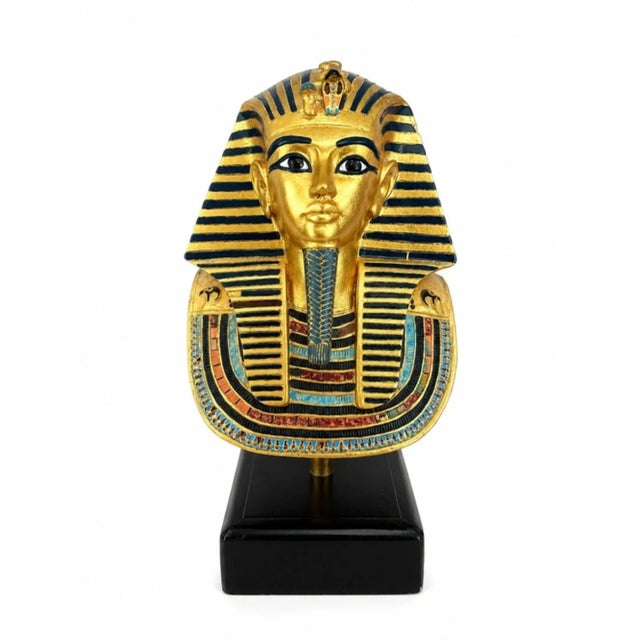 Hollywood Regency Vintage Egyptian Revival Pharaoh Bust Sculpture | Gold & Black Tutankhamun Style Figure on Wood Stand For Sale - Image 3 of 10