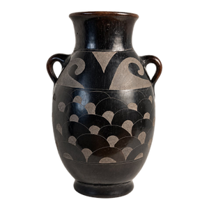 Vintage Mexican Black Pottery Two-Handled Vase, Signed v. Silva