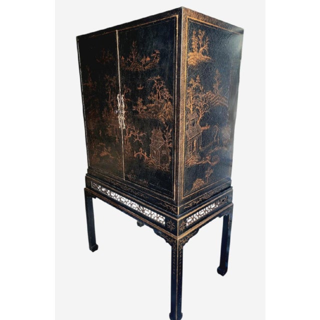 Vintage Chinoiserie Massive Black Bronze Hand Painted Garden Pagoda Scene Fretwork Storage/Tv Cabinet For Sale In West Palm - Image 6 of 15