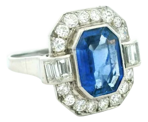 1930s Art Deco Platinum Ceylon Sapphire and Diamond Ring With Gia Certified 2.50 Carat, Size 7.5