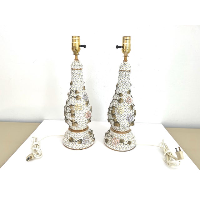 1950s Applied Floral Porcelain Tree of Life Lamps, Pair For Sale - Image 11 of 18