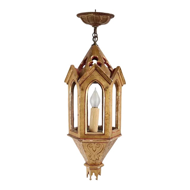 Early 20th Century Italian Venetian Gilt & Painted Pine Hanging 1-Light Pendant Lantern For Sale