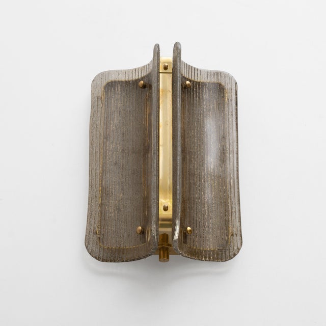 Curved Grey Ribbed Murano Glass and Brass Wall Sconces, 2000, Set of 2 For Sale - Image 6 of 9