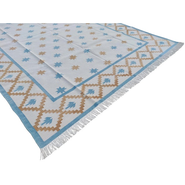 Not Yet Made - Made To Order Handmade Cotton Vegetable Dyed White, Sky Blue and Tan Star and Gingham Rug - 8'x10' For Sale - Image 5 of 10