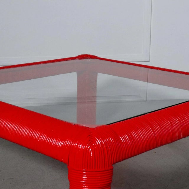 Modern 1970s Red Wrapped Rattan Waterfall Edge Coffee Table For Sale - Image 3 of 5