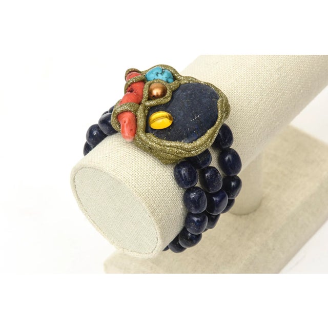 Vintage Hand Wrought Cuff Bracelet With Lapis Lazuli, Coral, Citrine, Turquoise & Copper For Sale In Miami - Image 6 of 8