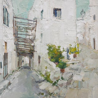 Ostuni/Puglia/Italy by Heiko Mattausch | Oil on board Painting of a narrow street in Ostuni For Sale