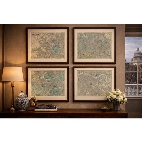 Antique london atlas maps, elegant four sheet wall display, 1885 london urban cartography 1880s, ordnance survey atlas...