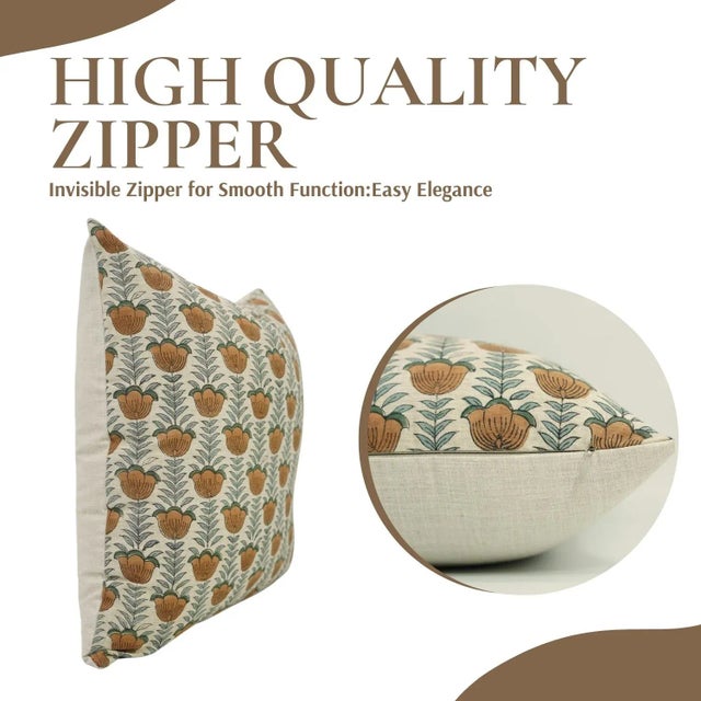 Fabdivine Handcrafted Block Lotus Print Linen Blend Cushion Cover- 22x22 For Sale - Image 4 of 5