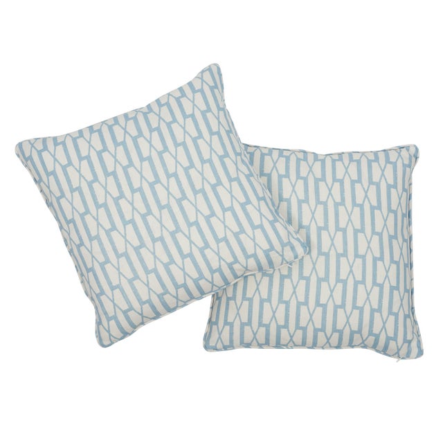 This 18" x 18" pillow features Belvedere in Sky, an updated trellis pattern that's handsome yet delicate. Feather/down...