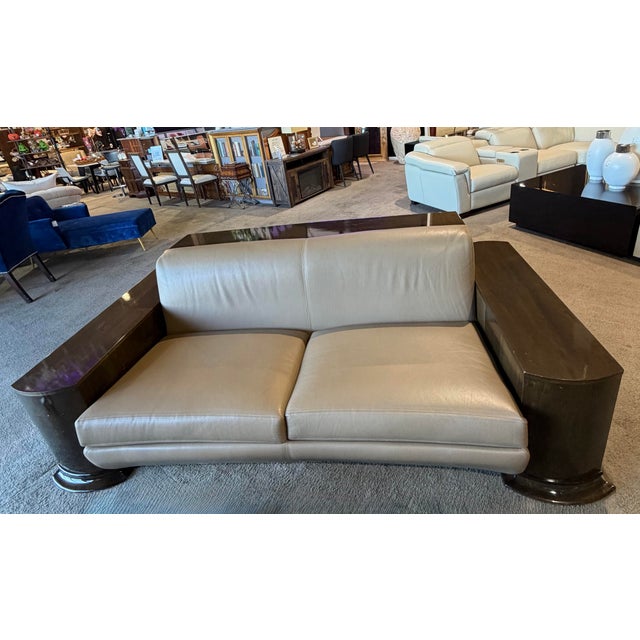 Late 20th Century Leather & Dark Wood Sofa With Built-in Shelving For Sale - Image 5 of 6