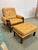 Mid-Century Modern Vintage Tan Vinyl and Walnut Armchair & Ottoman For Sale - Image 3 of 12