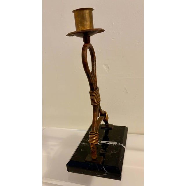 1970s 1970s Mid-Century Modern Italian Brutalist Brass Wire & Marble Candlestick Holder by Sarreid Ltd. For Sale - Image 5 of 6