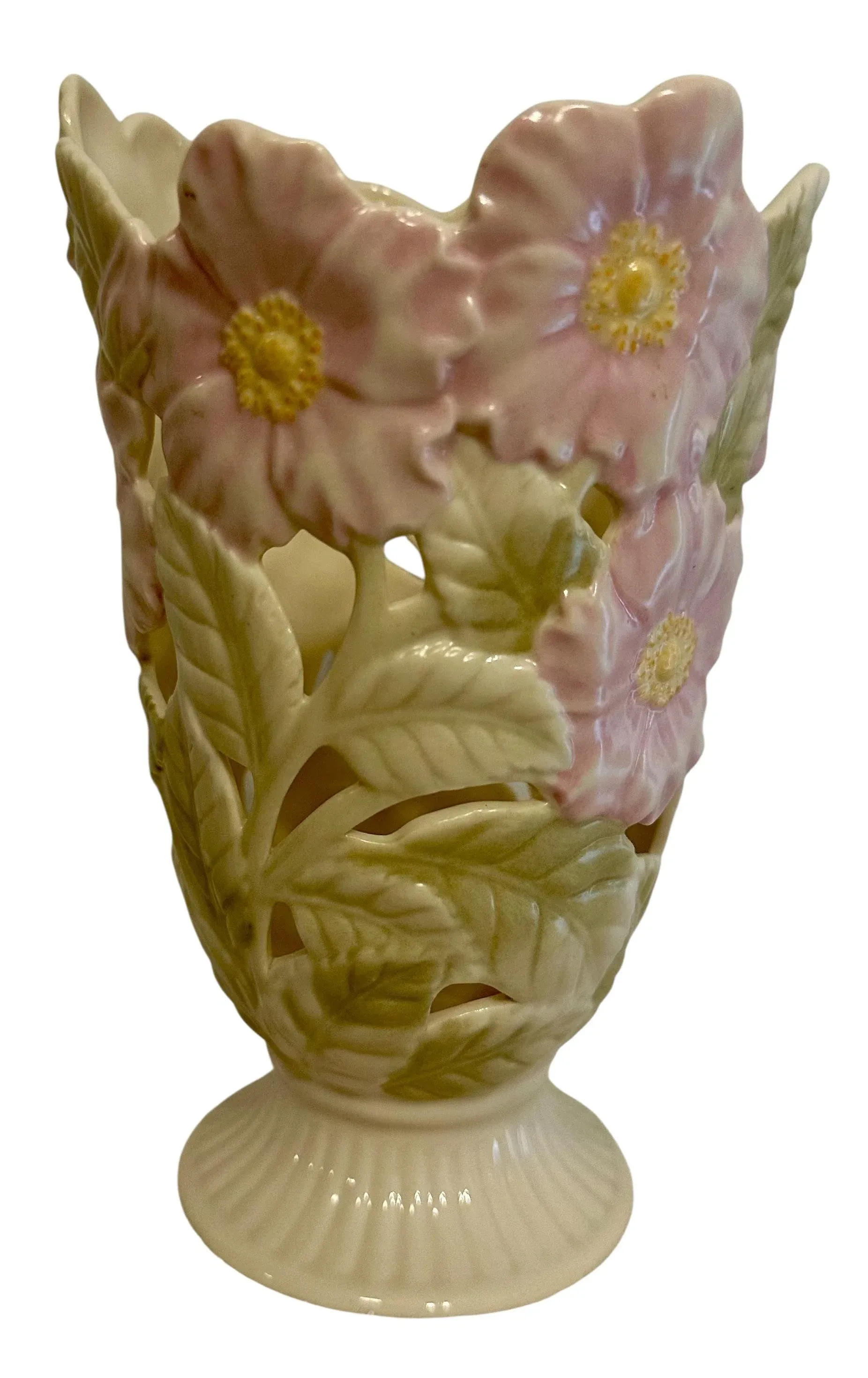 Vintage Lenox Pierced Wild Rose Porcelain Vase With Glass Insert