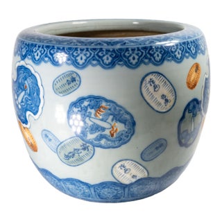 20th Century Japanese Blue and White Jardiniere Planter With Tsuba Decoration For Sale