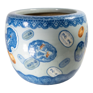 20th Century Japanese Blue and White Jardiniere Planter With Tsuba Decoration