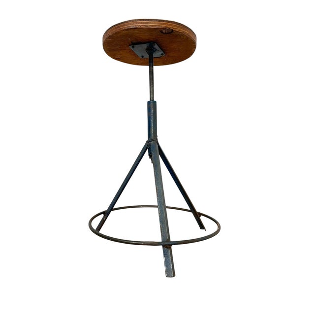 Vintage Industrial Stool With Solid Wood Round Seat and Metal Tripod Base For Sale - Image 4 of 10
