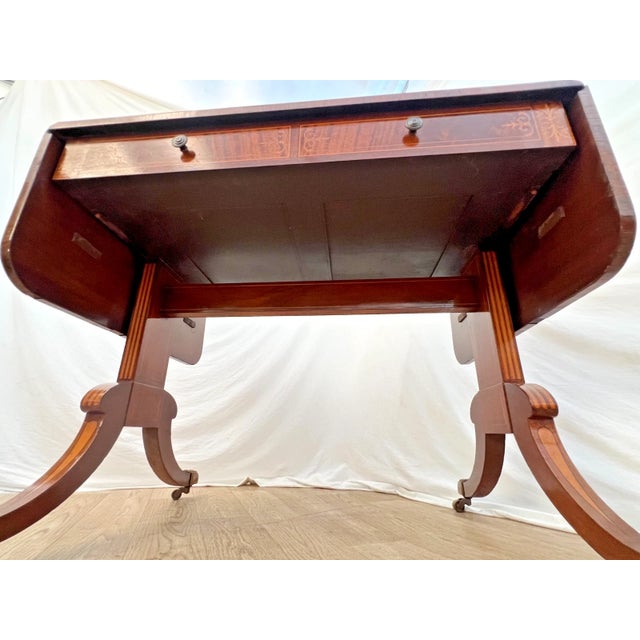 Antique Desk Serving Table Two Dovetail Drawers Drop Sides Banded Mahogany Inlay For Sale - Image 14 of 14