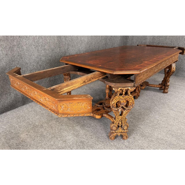English Late 1800’s European Made Heavily Carved Burled Walnut Dining Table For Sale - Image 3 of 12
