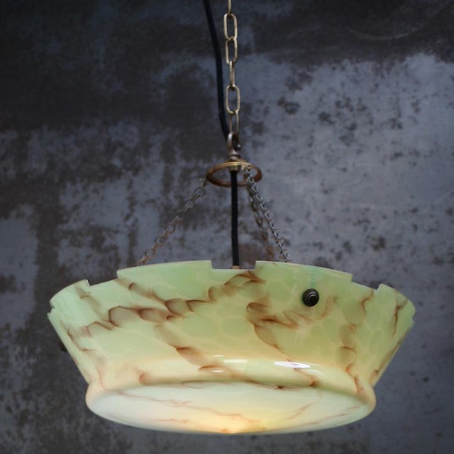 Art Deco Pendant Lamp in Brass and Green Glass, France, 1920s For Sale - Image 6 of 8