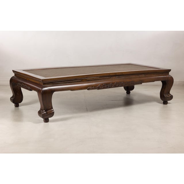 Antique Chinese Elm Opium Bed Coffee Table with Woven Rattan Top and Scroll Legs For Sale - Image 4 of 18