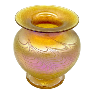 Vintage Signed Robert Held Gold Iridescent Pulled Feather Glass Vase Hints of Lavender
