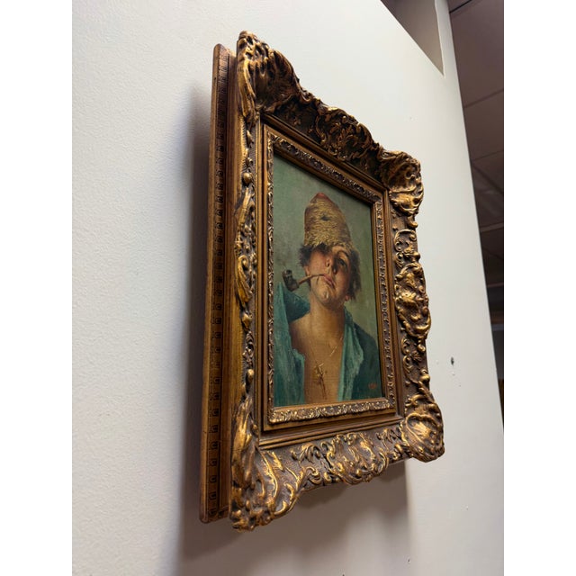 Paint 19th-Century Italian School Portrait of a Boy With Pipe by A. Cino in Grand Gilt Frame For Sale - Image 7 of 10