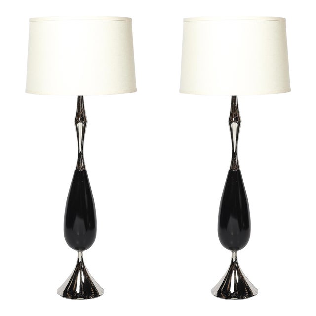 Pair of Mid-Century Polished Nickel & Ebonized Walnut Table Lamps by Tony Paul For Sale