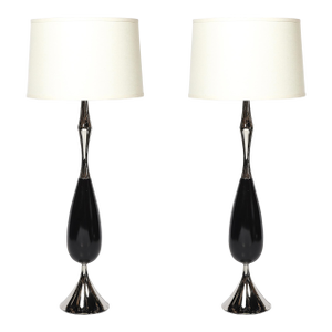 Pair of Mid-Century Polished Nickel & Ebonized Walnut Table Lamps by Tony Paul