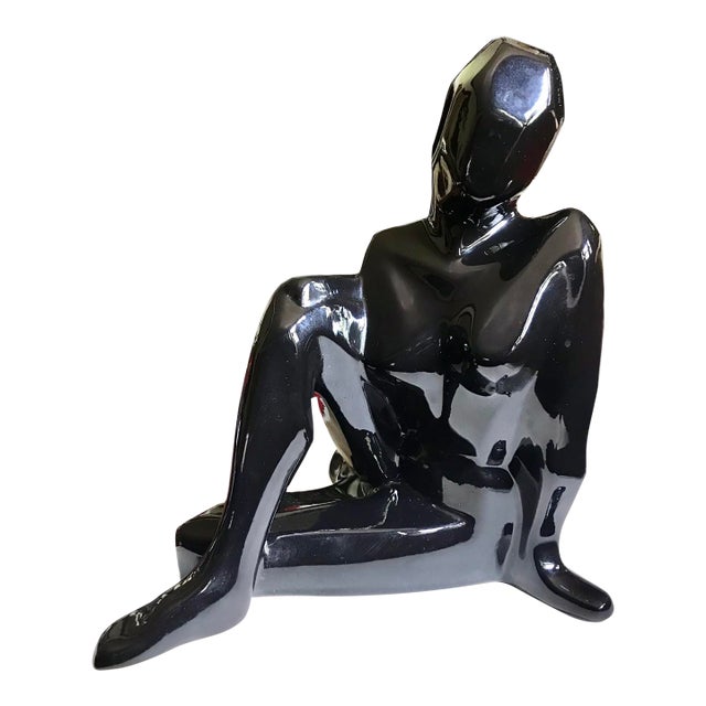 Jaru Vintage 1980s Black Ceramic Nude Female Art Statue / Modernist Cubist Abstract Woman Sculpture For Sale