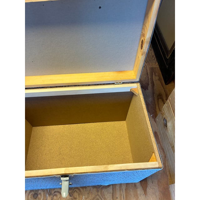 Mid-Century Modern Vintage Blue Painted Wicker Storage Trunk With Pink Roses For Sale - Image 3 of 6