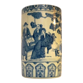 Chinese Blue and White Porcelain Cylindrical Bough Vase With Landscape Scene For Sale