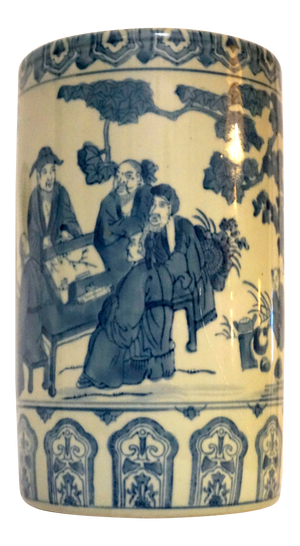 Chinese Blue and White Porcelain Cylindrical Bough Vase With Landscape Scene