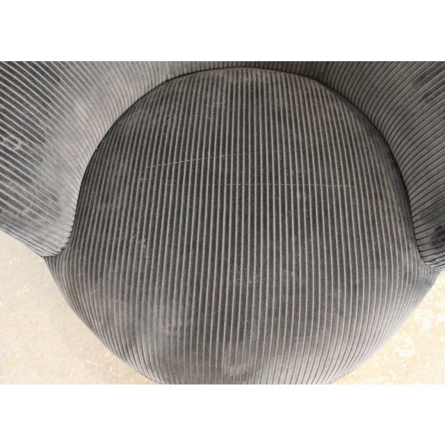 Metal Mid-Century Modern Blue Corduroy Barrel Swivel Chair and Ottoman For Sale - Image 7 of 13