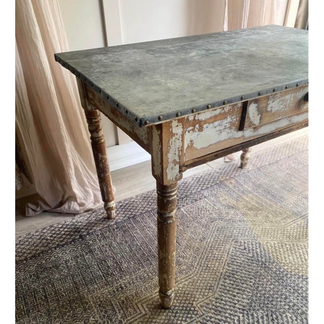 Antique French Solid Wood Table With Original Zinc Top For Sale - Image 6 of 6