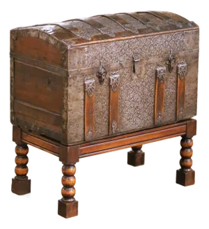 18th C. Spanish Baroque Iron-Clad Trunk With Bombe Top on Barley Twist Base