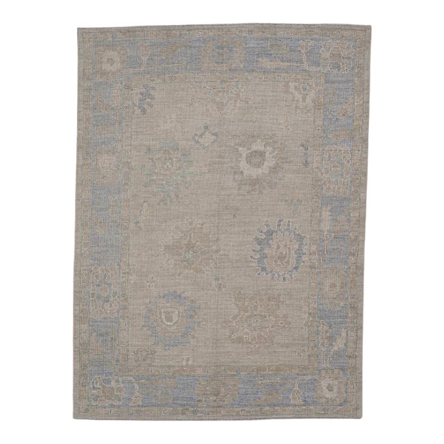 Turkish Oushak Rug Taupe, Beige & Blue Handwoven Wool Rug 5'2" X 7' For Sale