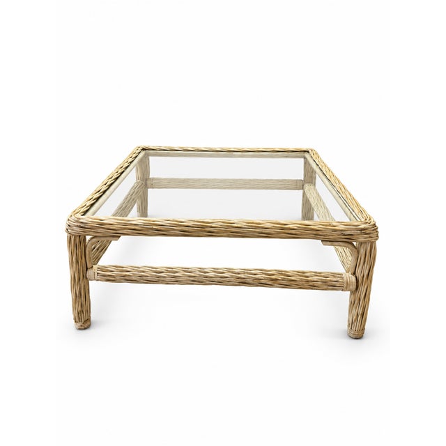 Late 20th Century Coastal Wicker and Rattan Square Glass-Top Coffee Table For Sale - Image 4 of 8