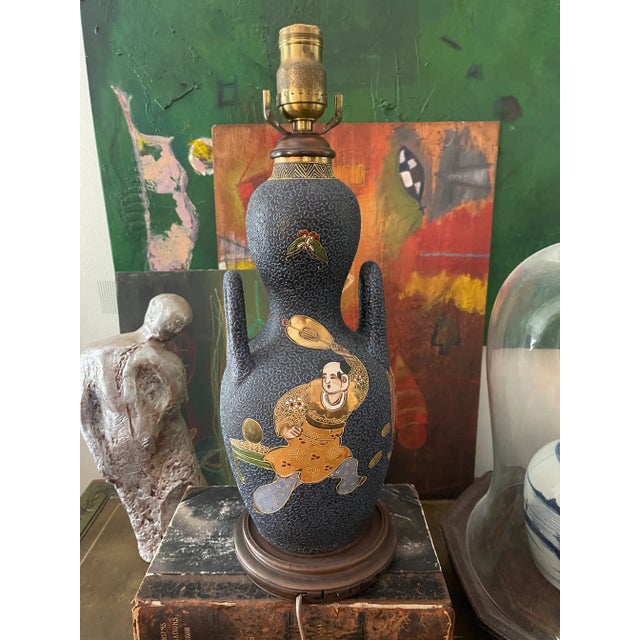 Ceramic Antique Navy Blue Satsuma Lamp For Sale - Image 7 of 12