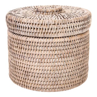 Artifacts Rattan Round Single Tissue Roll Box in White Wash For Sale