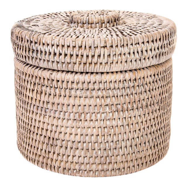 Artifacts Rattan Round Single Tissue Roll Box in White Wash For Sale