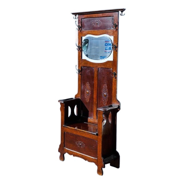 Oak Coat Stand and Bench with Mirror, 1930s For Sale