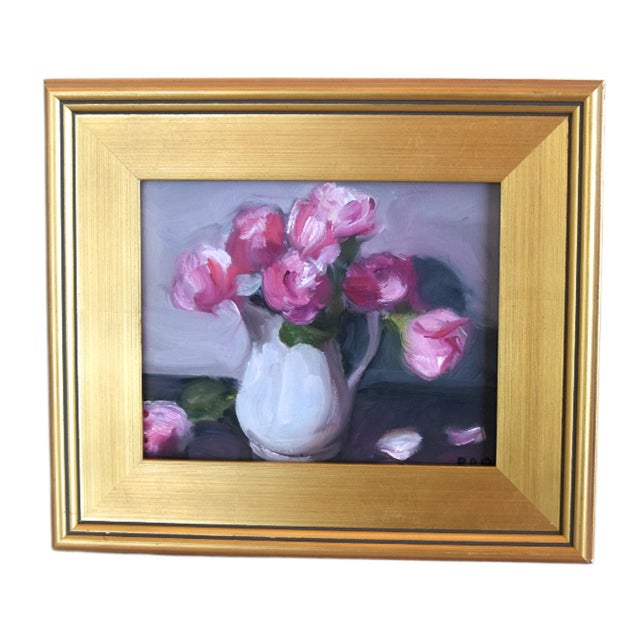 French Country Impressionist Floral Bouquet Displayed in White Ironstone Pitcher Painting Include the Antiqued Gold Wood Frame For Sale - Image 3 of 6