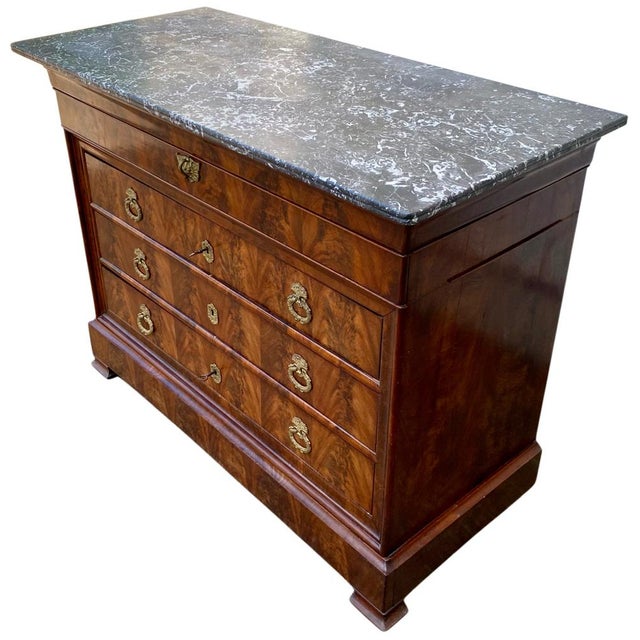 Wood Louis Philippe Commode in Walnut and Burr Walnut with Black Marble Top, 1890s For Sale - Image 7 of 13