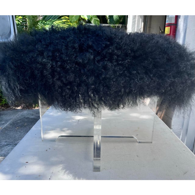 Animal Skin Pair of Jonathan Adler Black Mongolian Lamb Fur Lucite Benches / Ottoman’s For Sale - Image 7 of 12