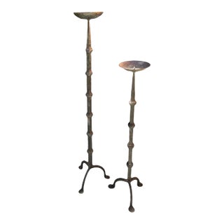 19th C Arts and Crafts Mission Style Hand-Wrought Iron Altar Floor Candle Stands -A Pair For Sale