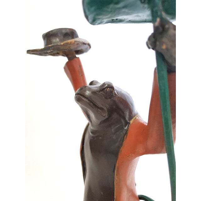 Metal Candlestick Pair - Large Antique Hand Painted Bronze Frogs For Sale - Image 7 of 18