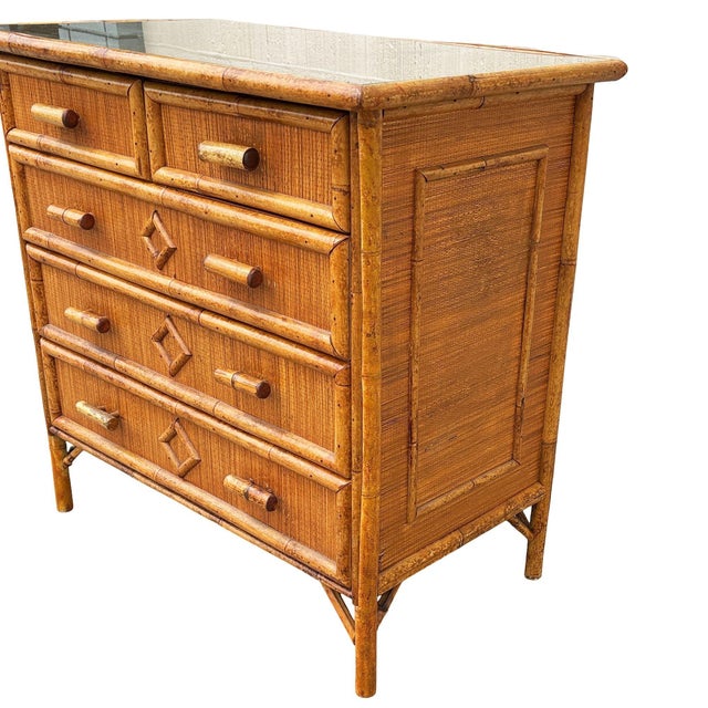 Victorian 1900-1909 Aesthetic Movement Tortoise Bamboo & Grassmat 5 Drawer Tallboy Dresser For Sale - Image 3 of 10