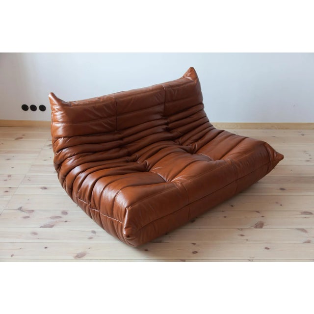 Cognac Brown Leather Togo Living Room by Michel Ducaroy for Ligne Roset, Set of 5 For Sale - Image 10 of 13
